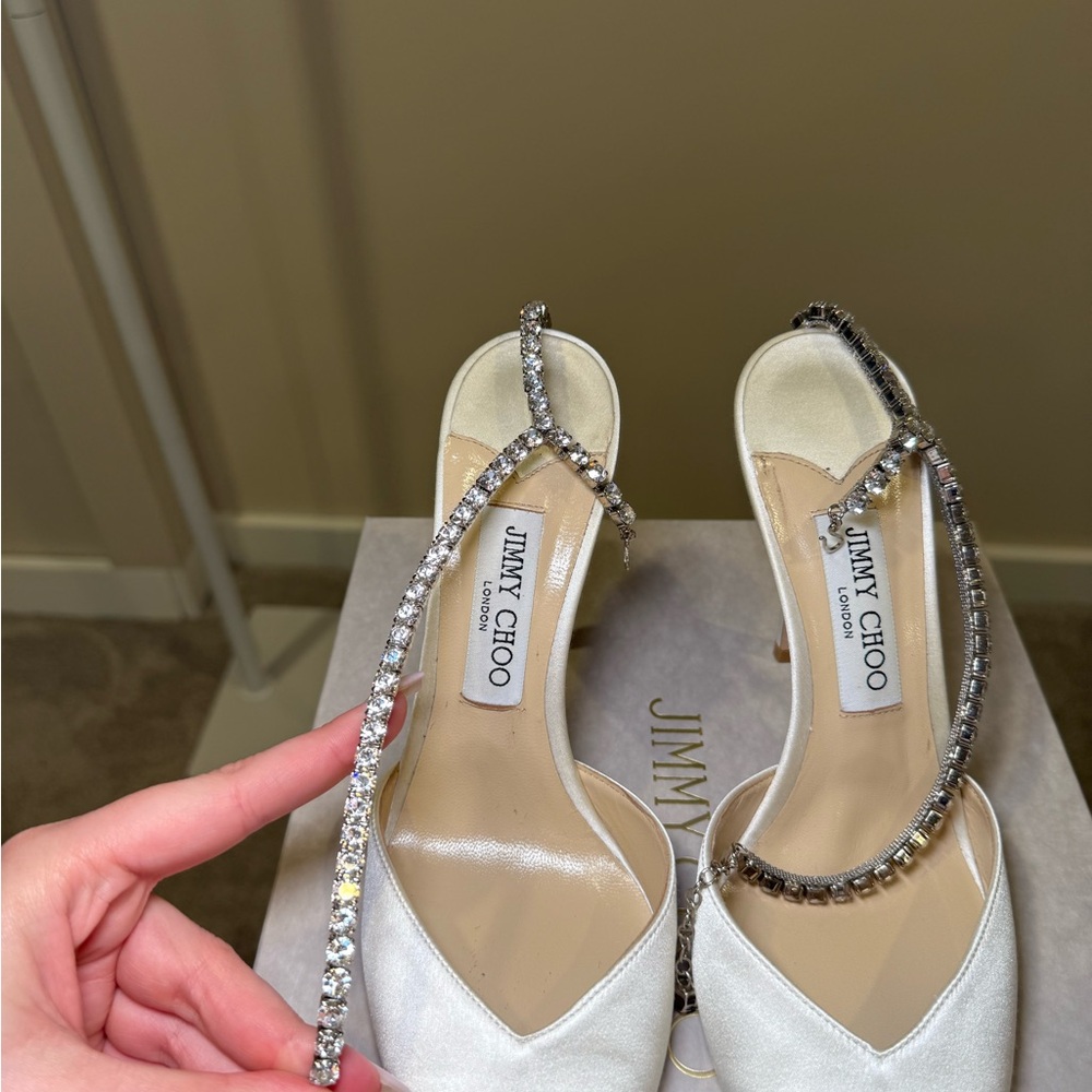Jimmy Choo BRIDAL White Satin Crystal-Trim Slingback Pumps - Picture 8 of 16